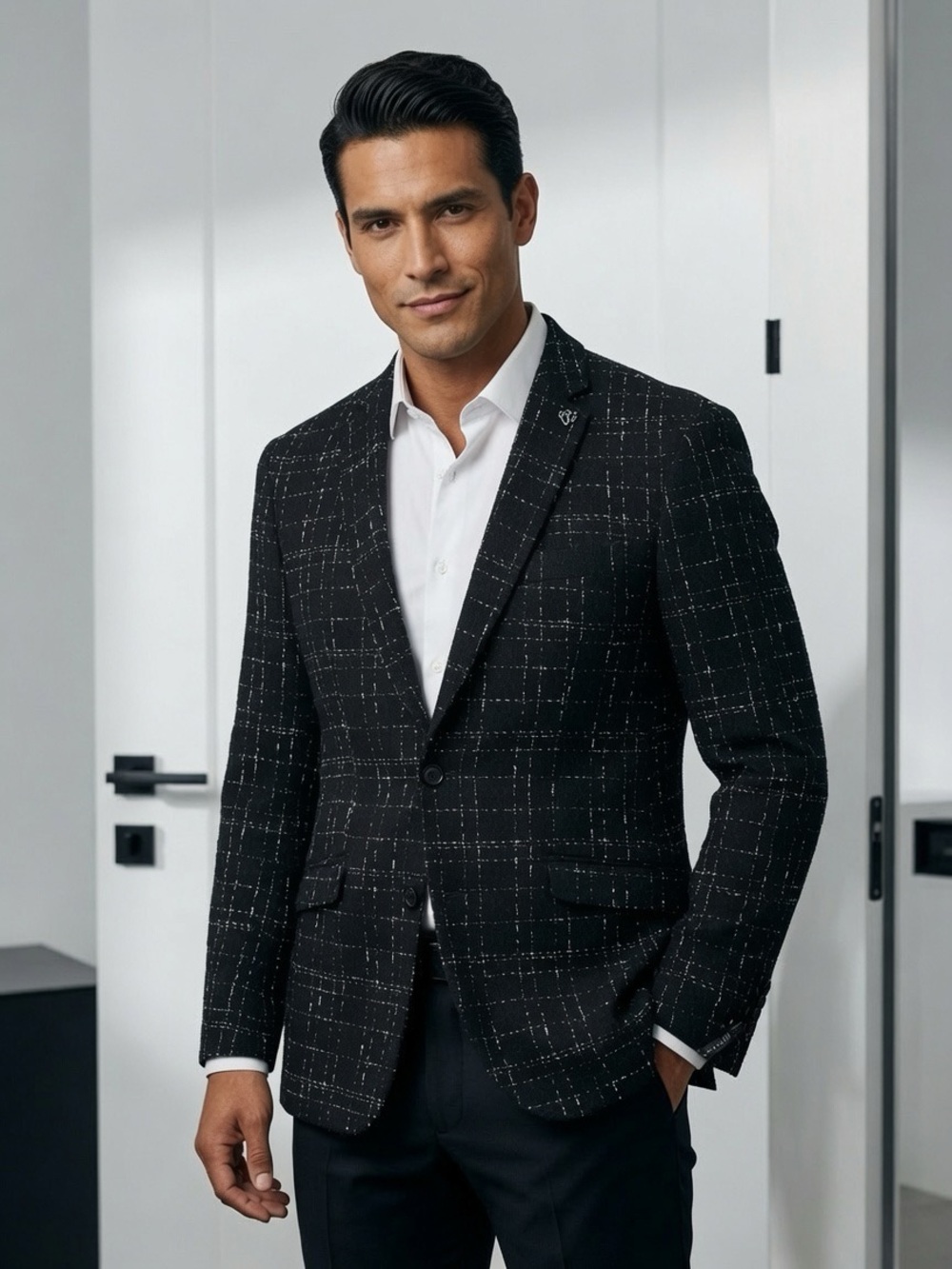 Men's Black Windowpane Sport Coat - Modern Tailored Blazer